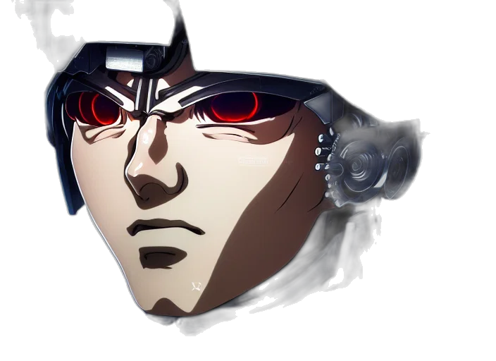 mask, face, hat, weapon, concept art, anime, 3d render, vaporwave transparent PNG cut-out