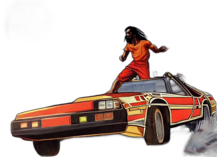car, concept art, comic book art, fire, african, jesus, driving, hovering transparent PNG cut-out