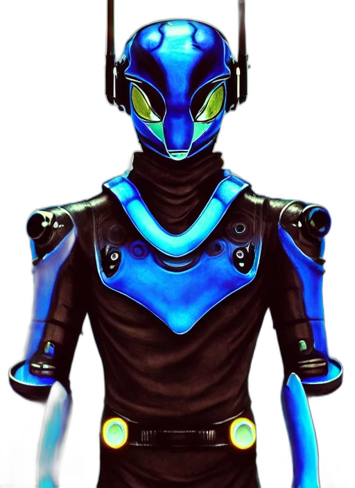 robot, mask, staff, concept art, 3d render, pixel art, comic book art, blue transparent PNG cut-out