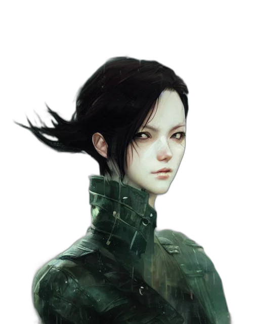 face, robot, mask, jacket, concept art, fantasy art, cyberpunk, photorealistic transparent PNG cut-out