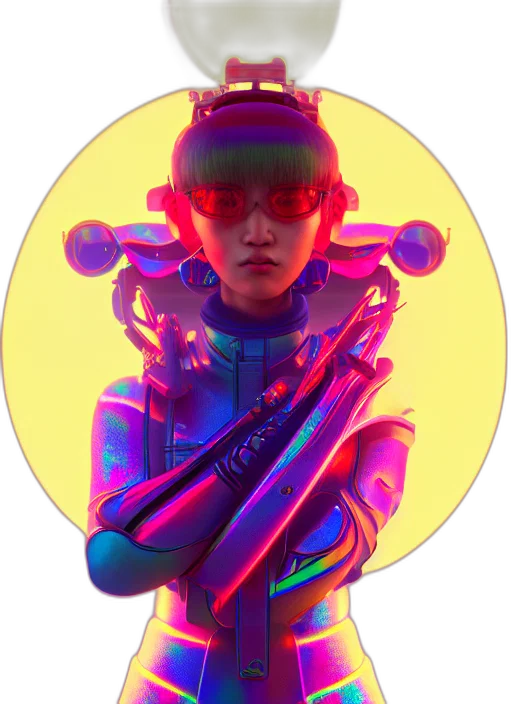 jacket, robot, weapon, staff, cyberpunk, vaporwave, concept art, 3d render transparent PNG cut-out