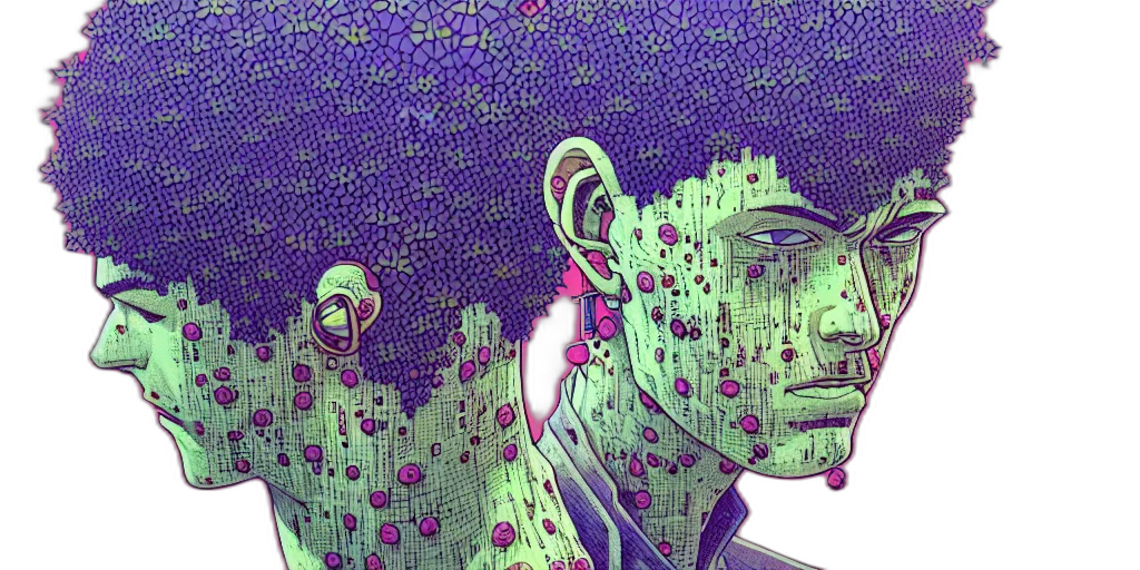 mask, face, flower, crown, vaporwave, cyberpunk, comic book art, anime transparent PNG cut-out