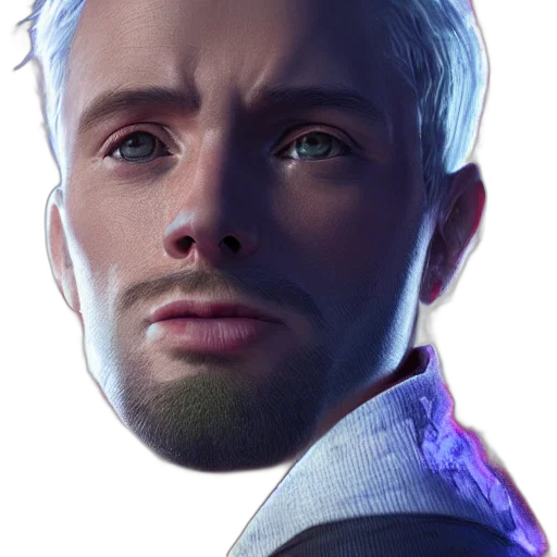 face, robot, staff, hair, photorealistic, cyberpunk, concept art, 3d render transparent PNG cut-out