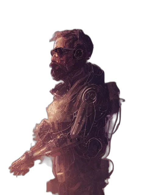 robot, jacket, weapon, staff, concept art, cyberpunk, pixel art, fantasy art transparent PNG cut-out