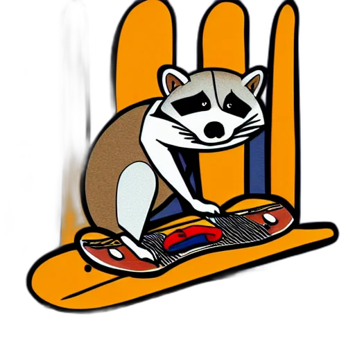 concept art, cartoon, 3d render, pixel art, illustration, raccoon, riding, skateboard transparent PNG cut-out