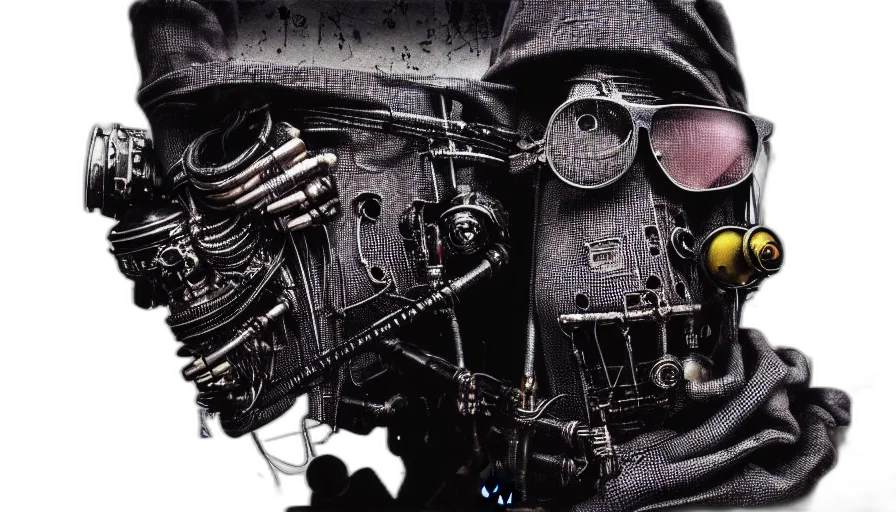 jacket, weapon, mask, robot, cyberpunk, concept art, photorealistic, comic book art transparent PNG cut-out