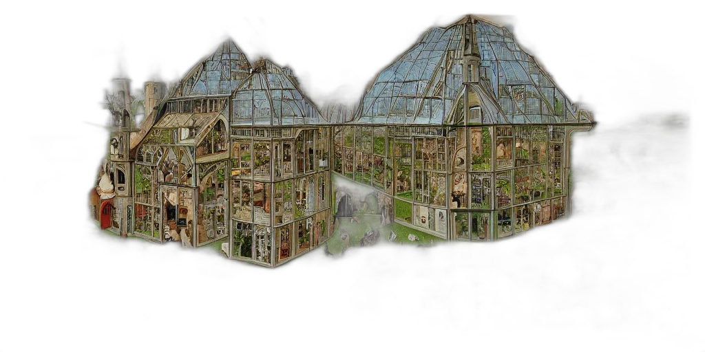 building, concept art, 3d render, photorealistic, fantasy art, forest, greenhouse, side transparent PNG cut-out