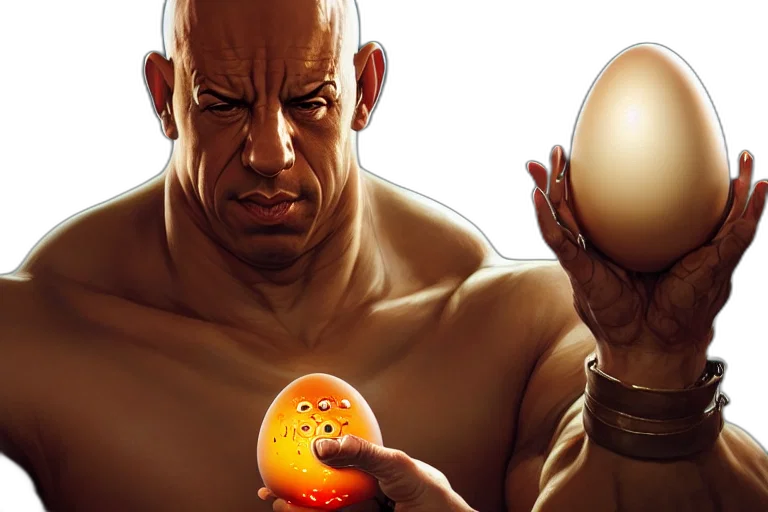 concept art, comic book art, photorealistic, egg, cup, vin, diesel, head transparent PNG cut-out