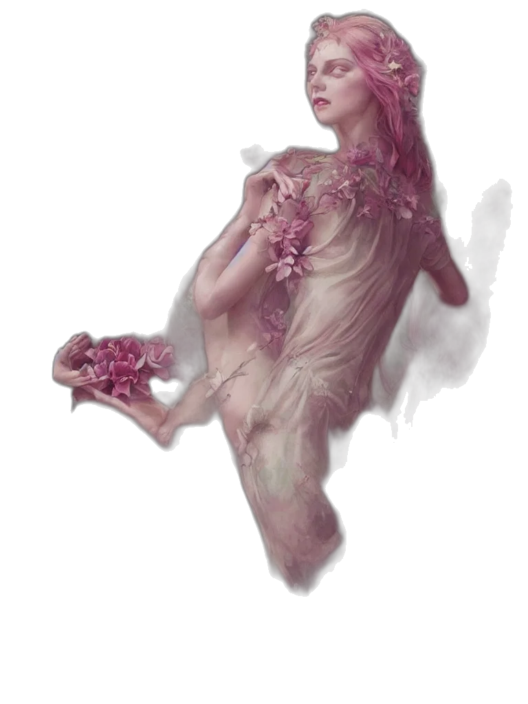 dress, creature, crown, flower, concept art, fantasy art, watercolor, photorealistic transparent PNG cut-out