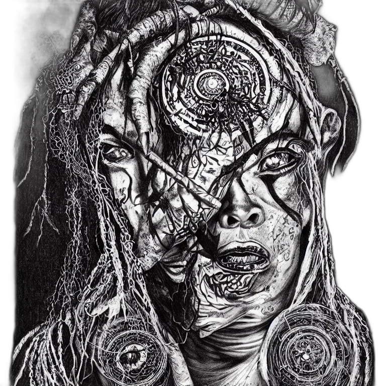 face, mask, hair, creature, pencil sketch, comic book art, cyberpunk, concept art transparent PNG cut-out