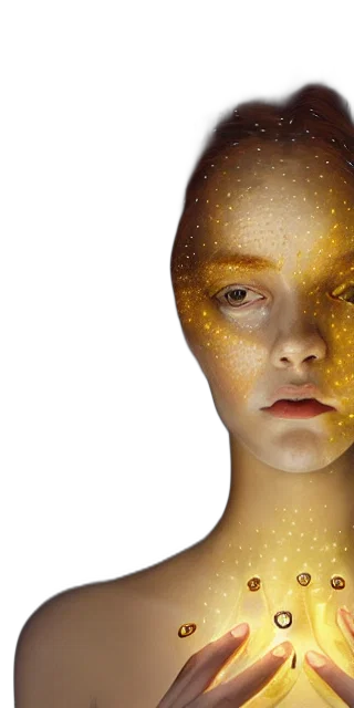 face, mask, jewelry, photorealistic, 3d render, concept art, outer space, neon lights transparent PNG cut-out