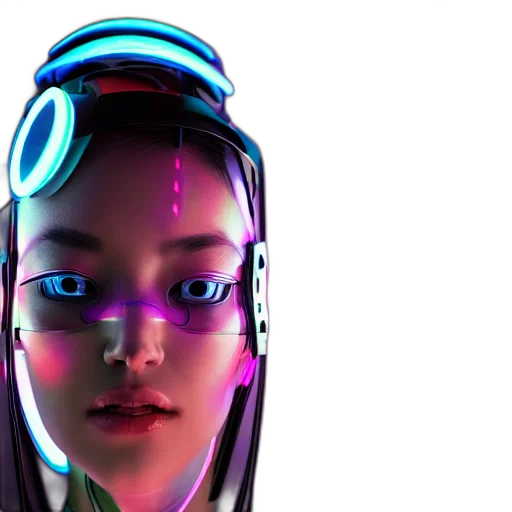 robot, face, cyberpunk, concept art, 3d render, vaporwave, neon lights, outer space transparent PNG cut-out