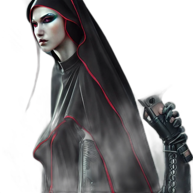 jacket, staff, concept art, fantasy art, cyberpunk, comic book art, dark, red transparent PNG cut-out