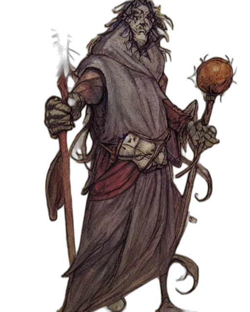 staff, creature, concept art, fantasy art, watercolor, comic book art, fog, dark transparent PNG cut-out