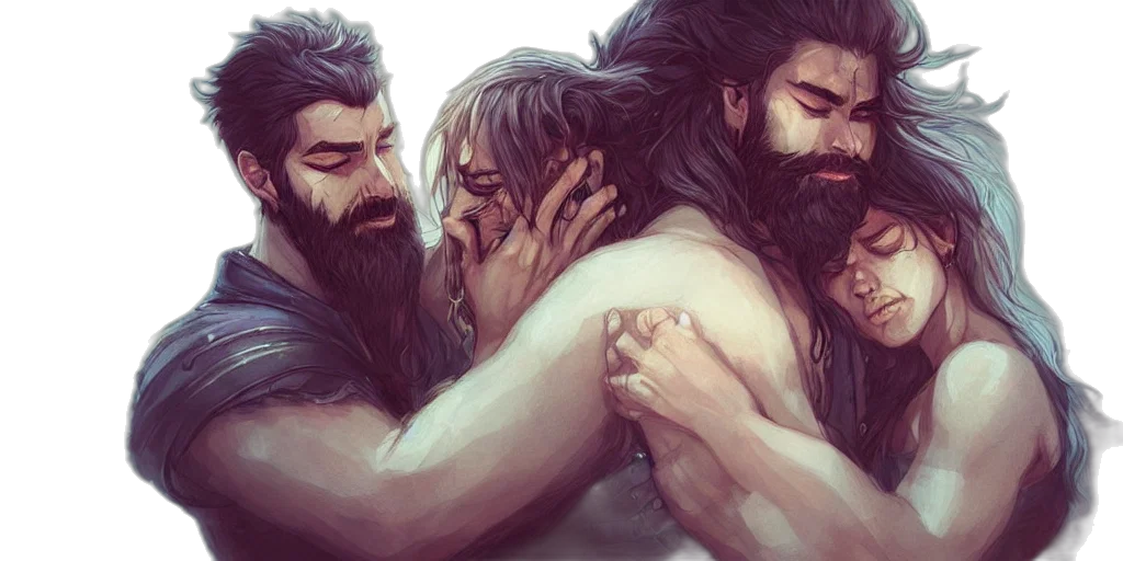 fantasy art, concept art, comic book art, photorealistic, depressed, warrior, hugging, his transparent PNG cut-out