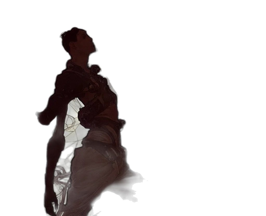 jacket, robot, sword, staff, concept art, comic book art, fantasy art, cyberpunk transparent PNG cut-out