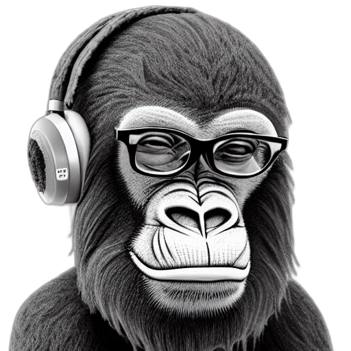 animal, cartoon, photorealistic, concept art, stoned, ape, headphones, knitted transparent PNG cut-out
