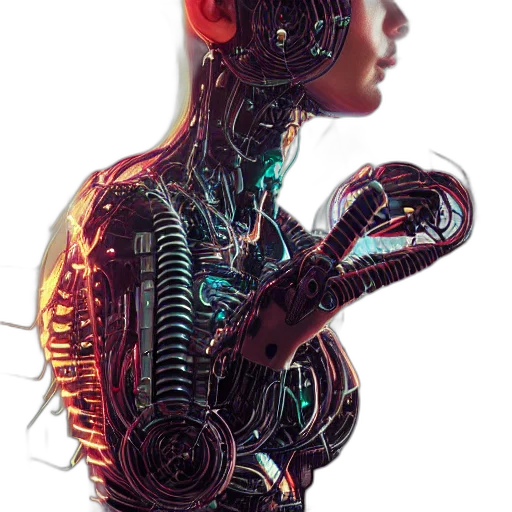 robot, cyberpunk, concept art, 3d render, comic book art, neon lights, outer space, portrait transparent PNG cut-out