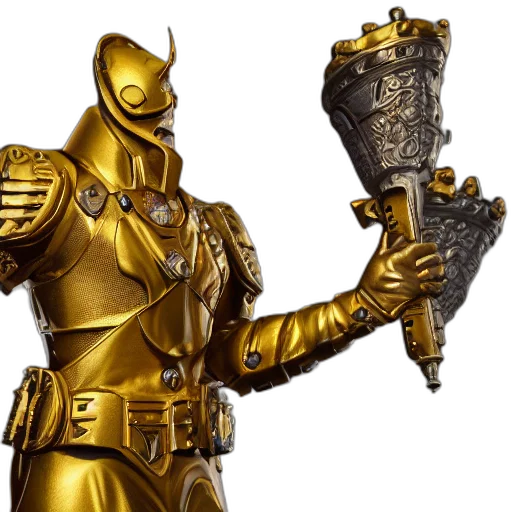 robot, sword, weapon, staff, concept art, 3d render, fantasy art, golden transparent PNG cut-out
