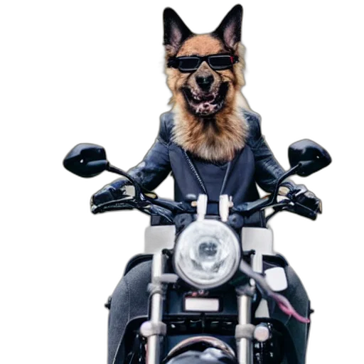 animal, jacket, car, photorealistic, dog, riding, motorcycle, glasses transparent PNG cut-out