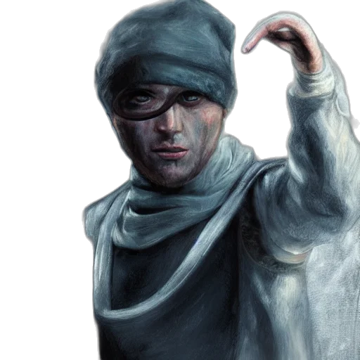 face, mask, jacket, concept art, photorealistic, oil painting, comic book art, thief transparent PNG cut-out