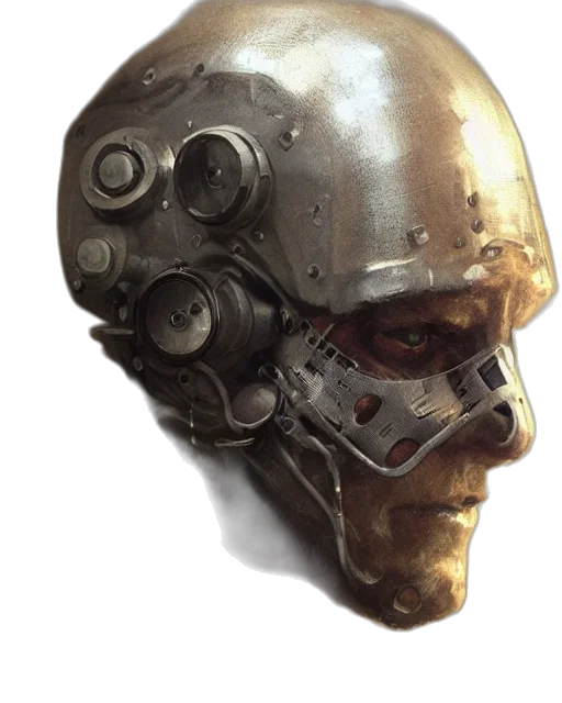 mask, robot, face, weapon, concept art, cyberpunk, 3d render, photorealistic transparent PNG cut-out