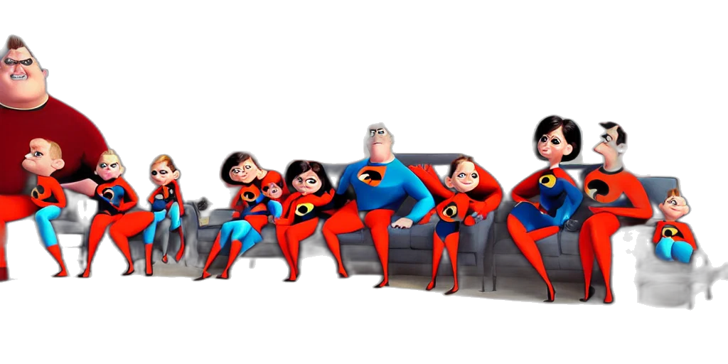 furniture, concept art, 3d render, comic book art, cartoon, incredibles, family, sitting transparent PNG cut-out
