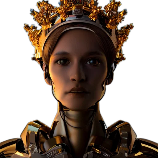 robot, crown, face, jewelry, concept art, 3d render, photorealistic, fantasy art transparent PNG cut-out
