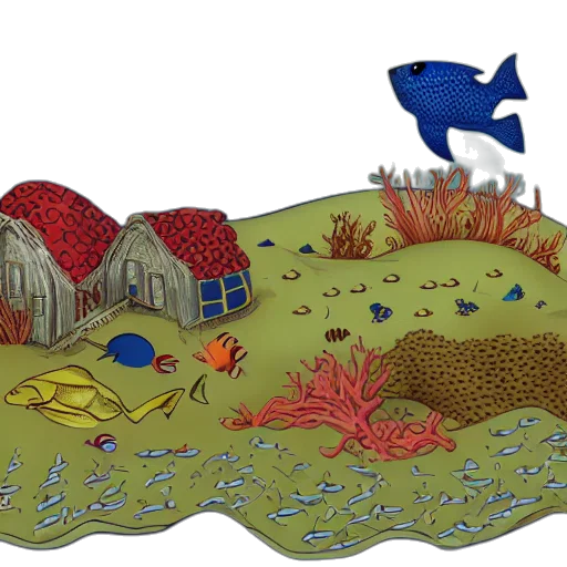 concept art, 3d render, underwater, forest, beach, typical, houe, under transparent PNG cut-out