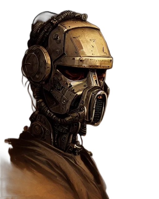 mask, robot, face, concept art, comic book art, cyberpunk, photorealistic, earth tones transparent PNG cut-out