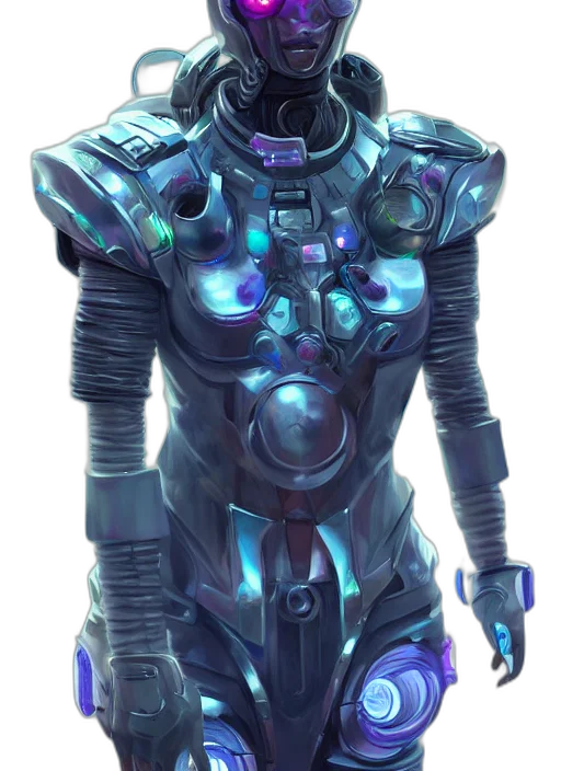 robot, staff, concept art, cyberpunk, fantasy art, 3d render, outer space, blue transparent PNG cut-out