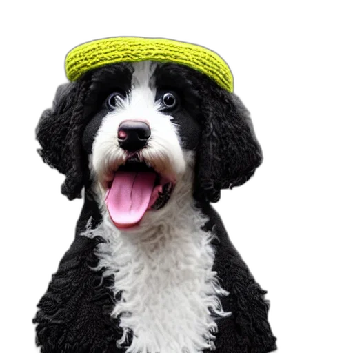 hat, animal, staff, photorealistic, closeup, illustration, knitted, bernedoodle transparent PNG cut-out
