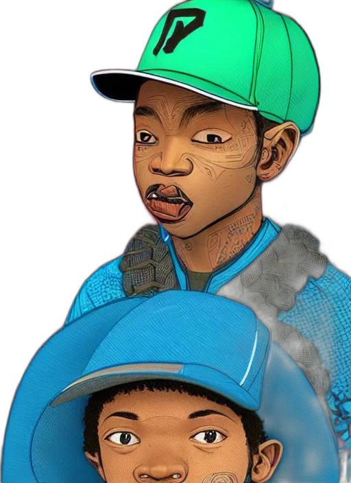 face, hat, photorealistic, 3d render, concept art, cartoon, blue, colourful transparent PNG cut-out
