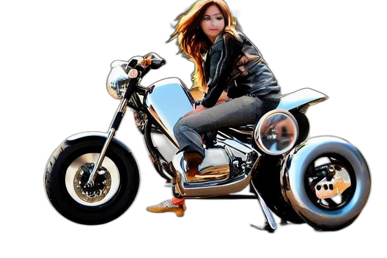 photorealistic, cartoon, concept art, 3d render, girl, motocycle, chrome, reflect transparent PNG cut-out