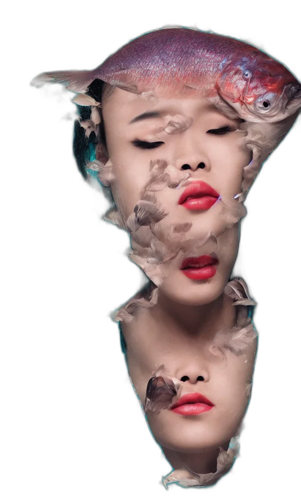 face, mask, photorealistic, surrealist, head, fish, chinese, woman transparent PNG cut-out