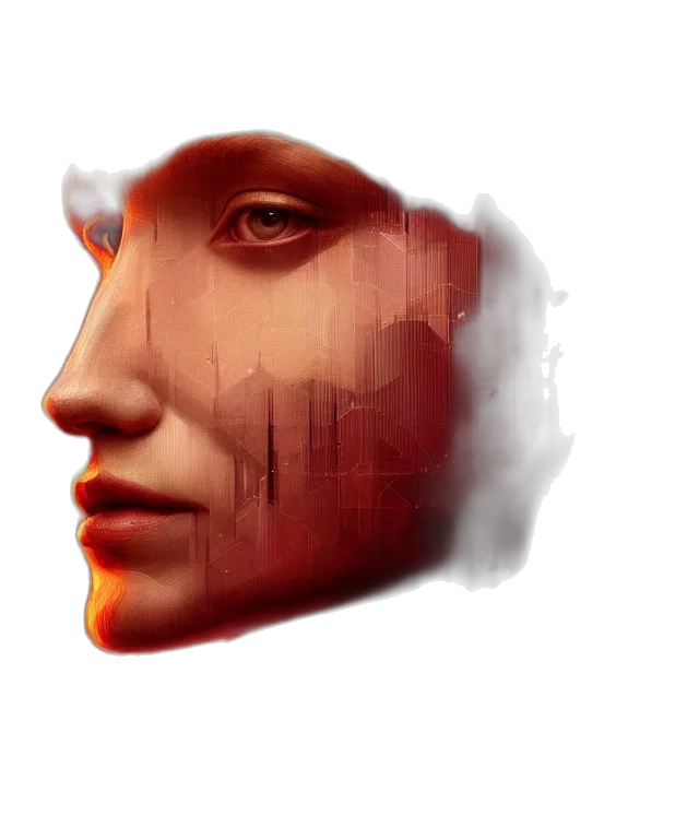 face, mask, robot, photorealistic, concept art, 3d render, fantasy art, red transparent PNG cut-out