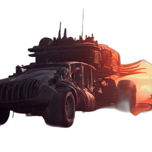car, weapon, concept art, 3d render, fantasy art, comic book art, fire, mad transparent PNG cut-out