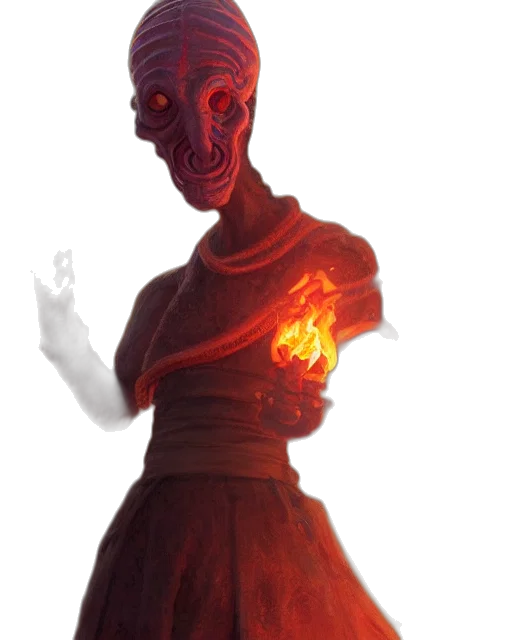 dress, mask, creature, staff, concept art, 3d render, fantasy art, fire transparent PNG cut-out