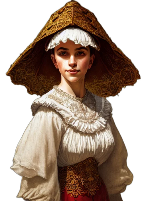 hat, face, dress, staff, fantasy art, concept art, photorealistic, oil painting transparent PNG cut-out