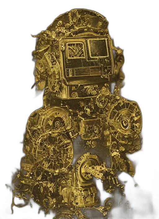 jewelry, crown, robot, staff, 3d render, concept art, fantasy art, golden transparent PNG cut-out