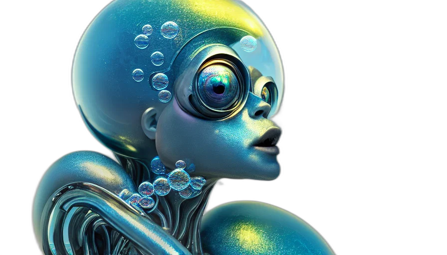 robot, cyberpunk, concept art, 3d render, photorealistic, blue, bubbles, artstation transparent PNG cut-out