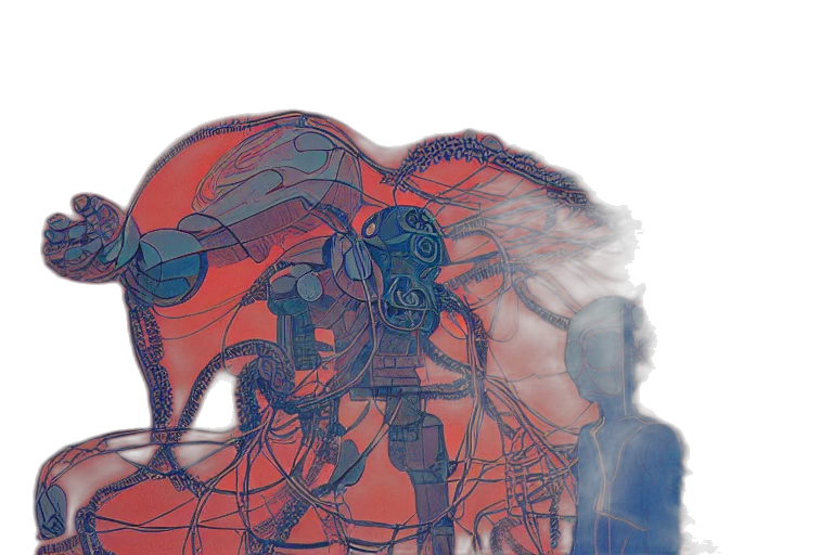 robot, mask, creature, staff, concept art, comic book art, 3d render, fantasy art transparent PNG cut-out