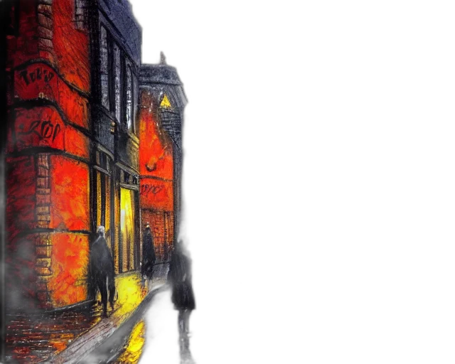 building, concept art, photorealistic, watercolor, comic book art, city street, fog, fire transparent PNG cut-out