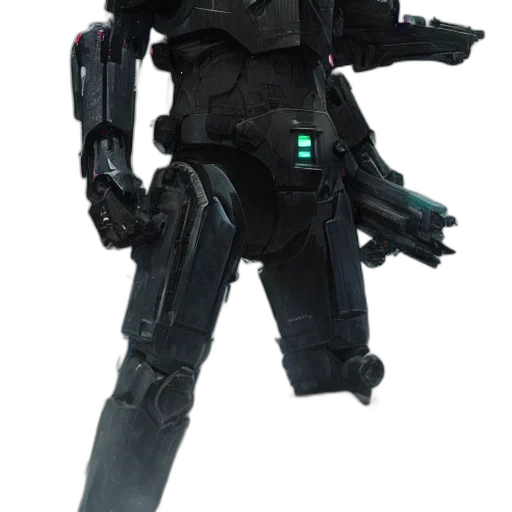 robot, weapon, staff, jacket, 3d render, concept art, cyberpunk, dark transparent PNG cut-out
