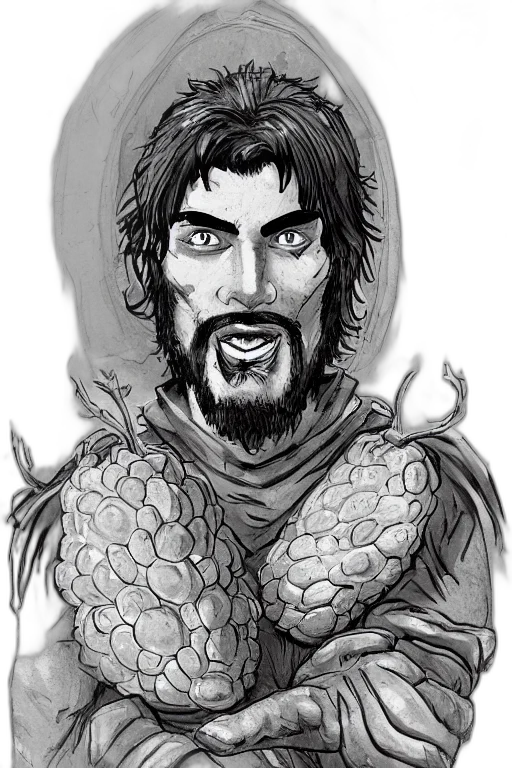 dragon, comic book art, fantasy art, concept art, pencil sketch, man, eating, grapes transparent PNG cut-out