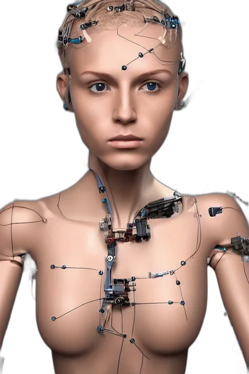 robot, jewelry, cyberpunk, 3d render, concept art, human, face, female transparent PNG cut-out