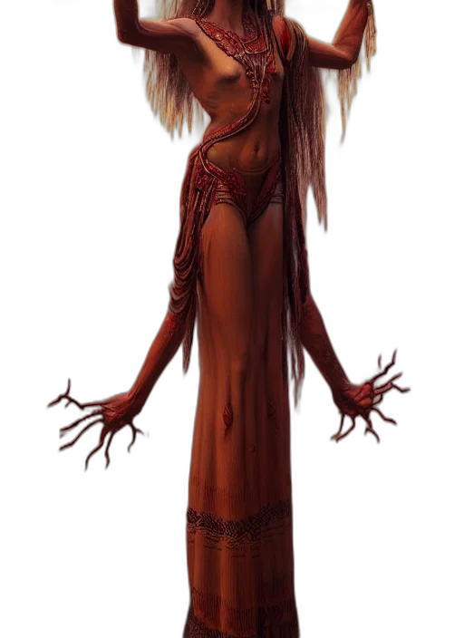 dress, hair, staff, creature, concept art, fantasy art, photorealistic, 3d render transparent PNG cut-out