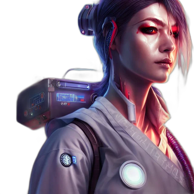 robot, staff, cyberpunk, concept art, fantasy art, comic book art, neon lights, outer space transparent PNG cut-out