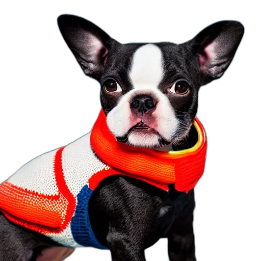 animal, closeup, photorealistic, photograph, cute, smiling, knitted, boston transparent PNG cut-out