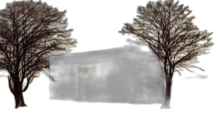 tree, building, 3d render, photorealistic, concept art, pencil sketch, snow, fog transparent PNG cut-out